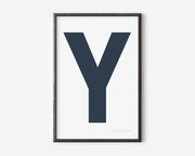Modern art print with an uppercase navy blue letter Y on a white background.