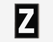 Modern art print with an uppercase white letter Z on a black background.