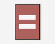 Modern symbol art print with a white equals sign on a Nantucket red background.