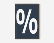 Modern symbol art print with a white percent sign on a navy blue background.