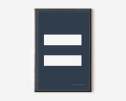 Modern symbol art print with a white equals sign on a navy blue background.
