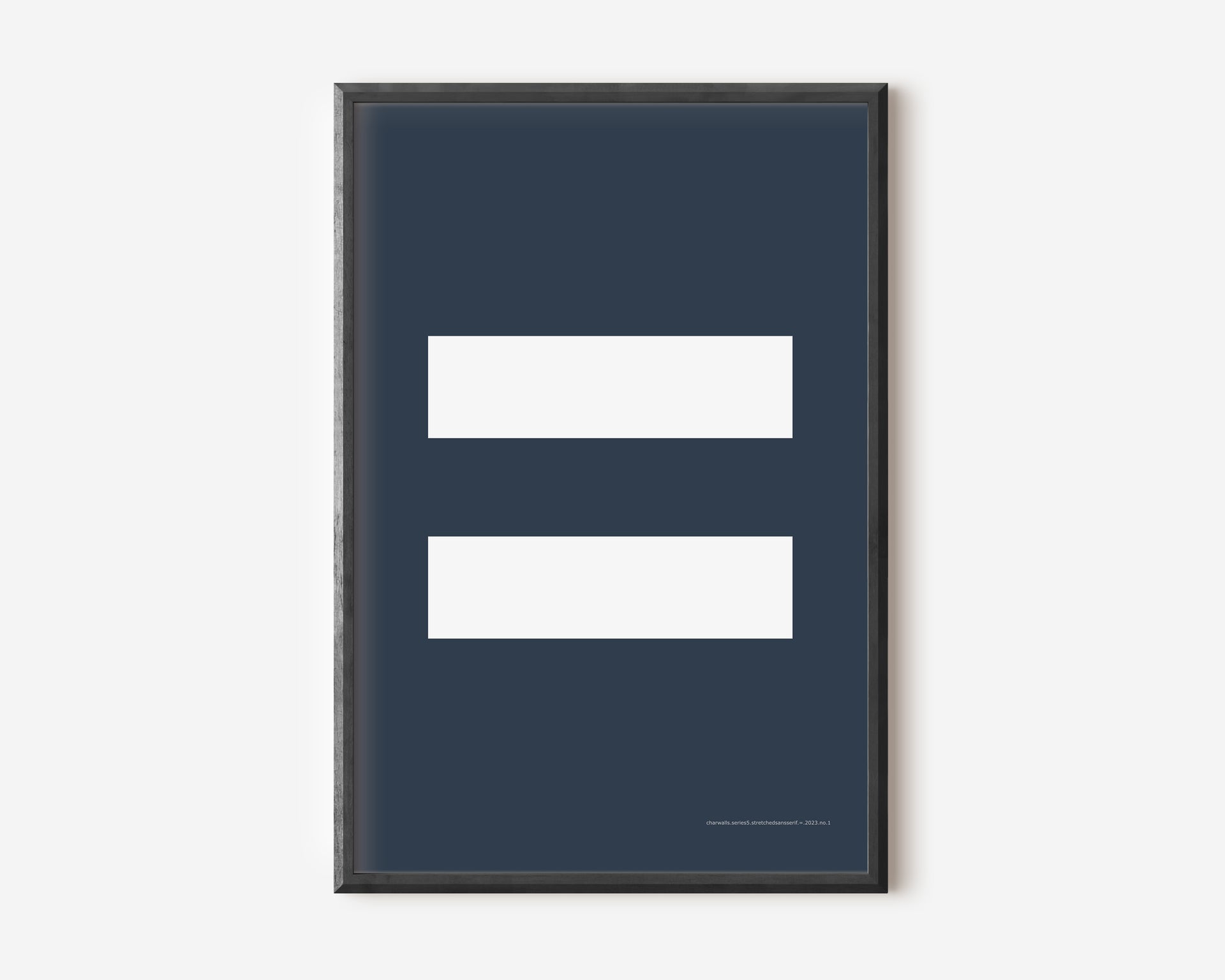 Modern symbol art print with a white equals sign on a navy blue background.