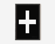 Modern symbol art print with a white plus sign on a black background.