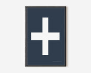 Modern symbol art print with a white plus sign on a navy blue background.