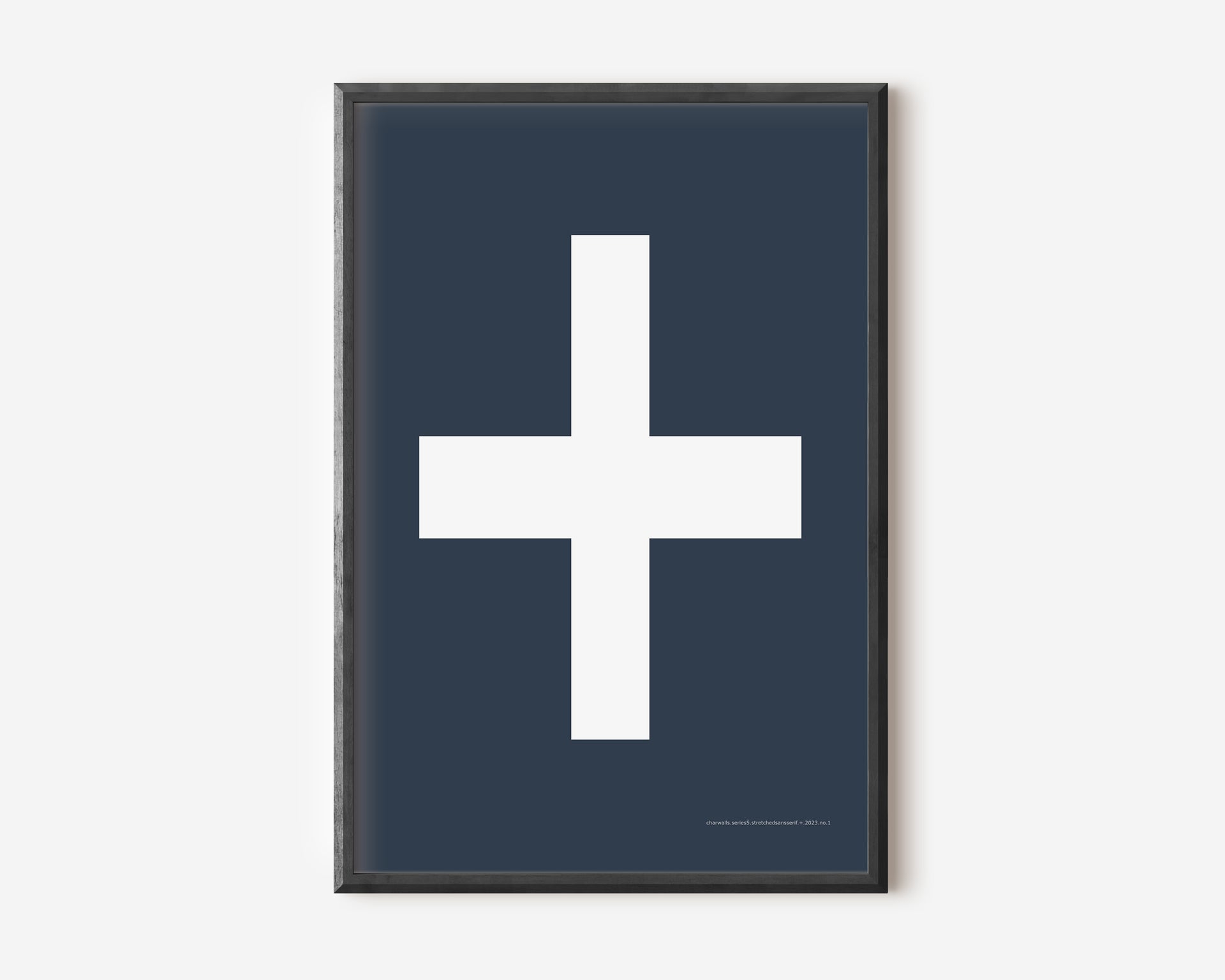 Modern symbol art print with a white plus sign on a navy blue background.