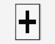 Modern symbol art print with a black plus sign on a white background.