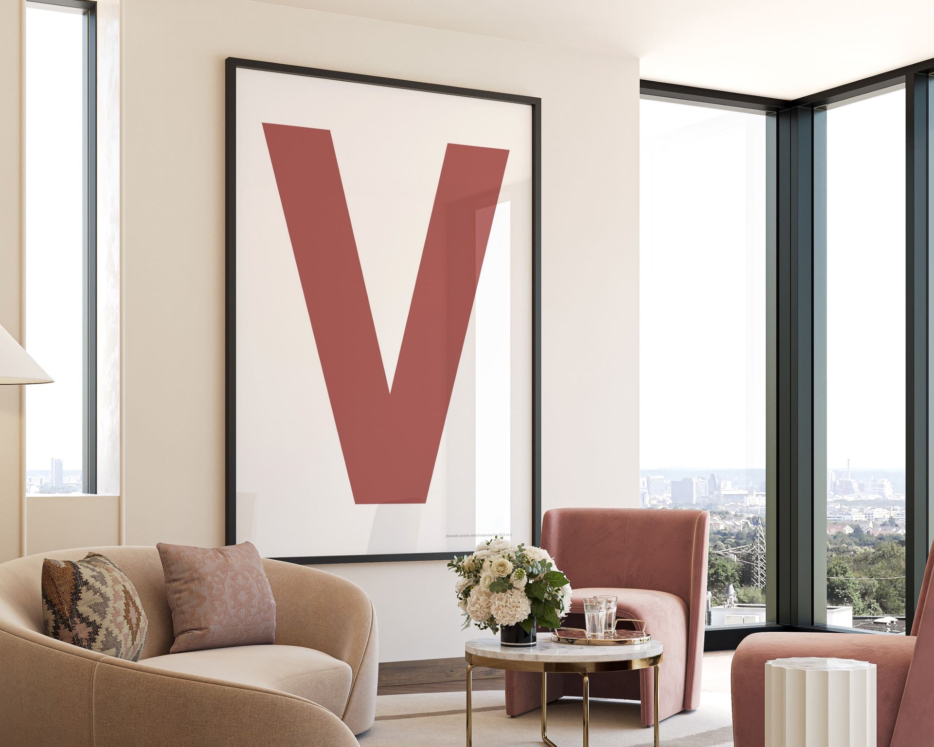 Oversized framed Nantucket red and white letter V art print hanging in a modern living room.
