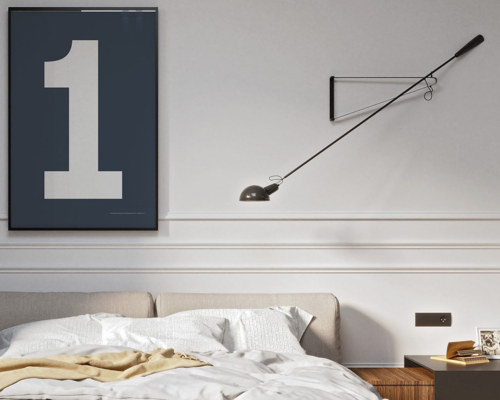 Framed navy blue and white number 1 art print hanging on a wall above a bed in a modern bedroom.