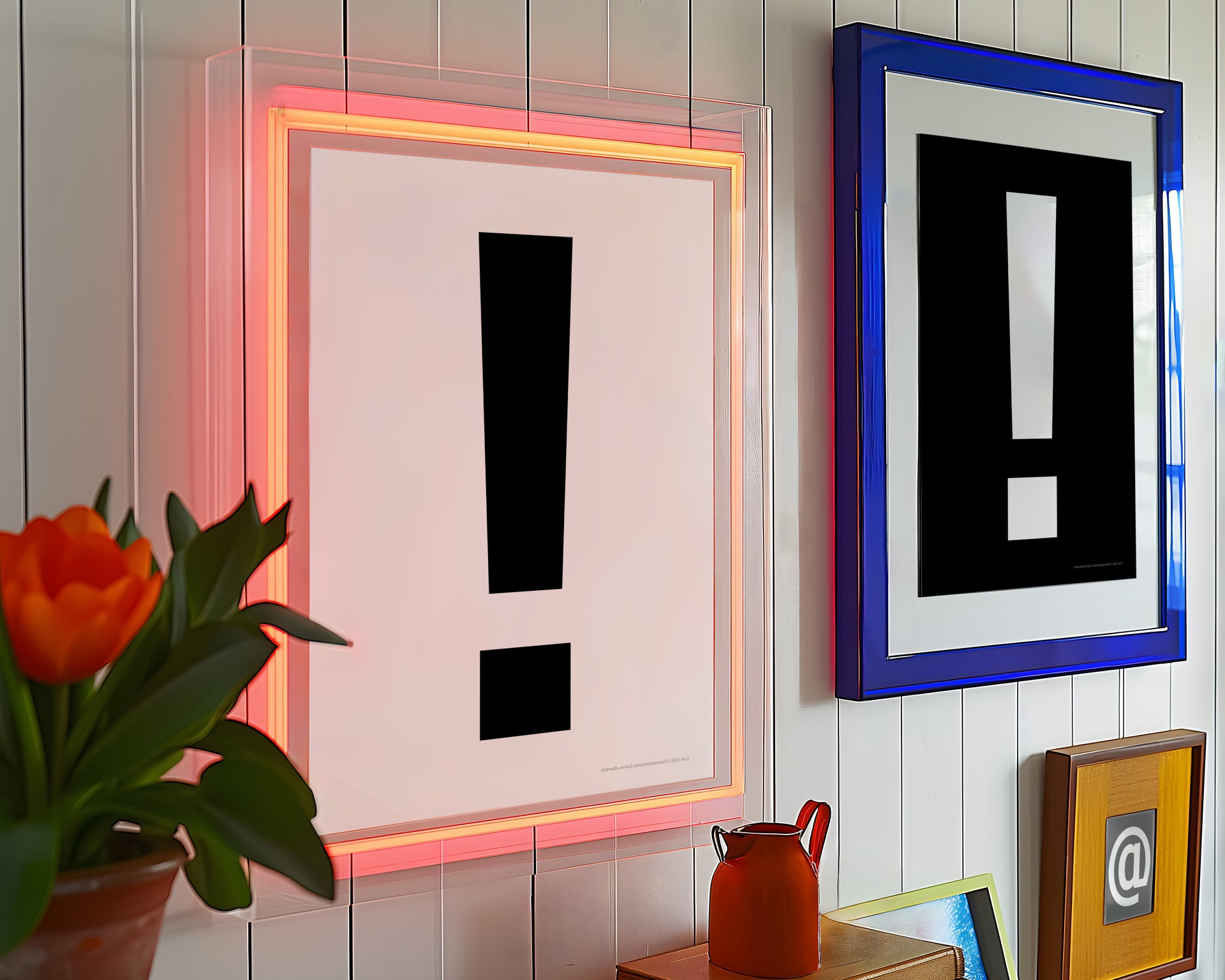 Two black and white exclamation points framed in neon pink and blue frames.