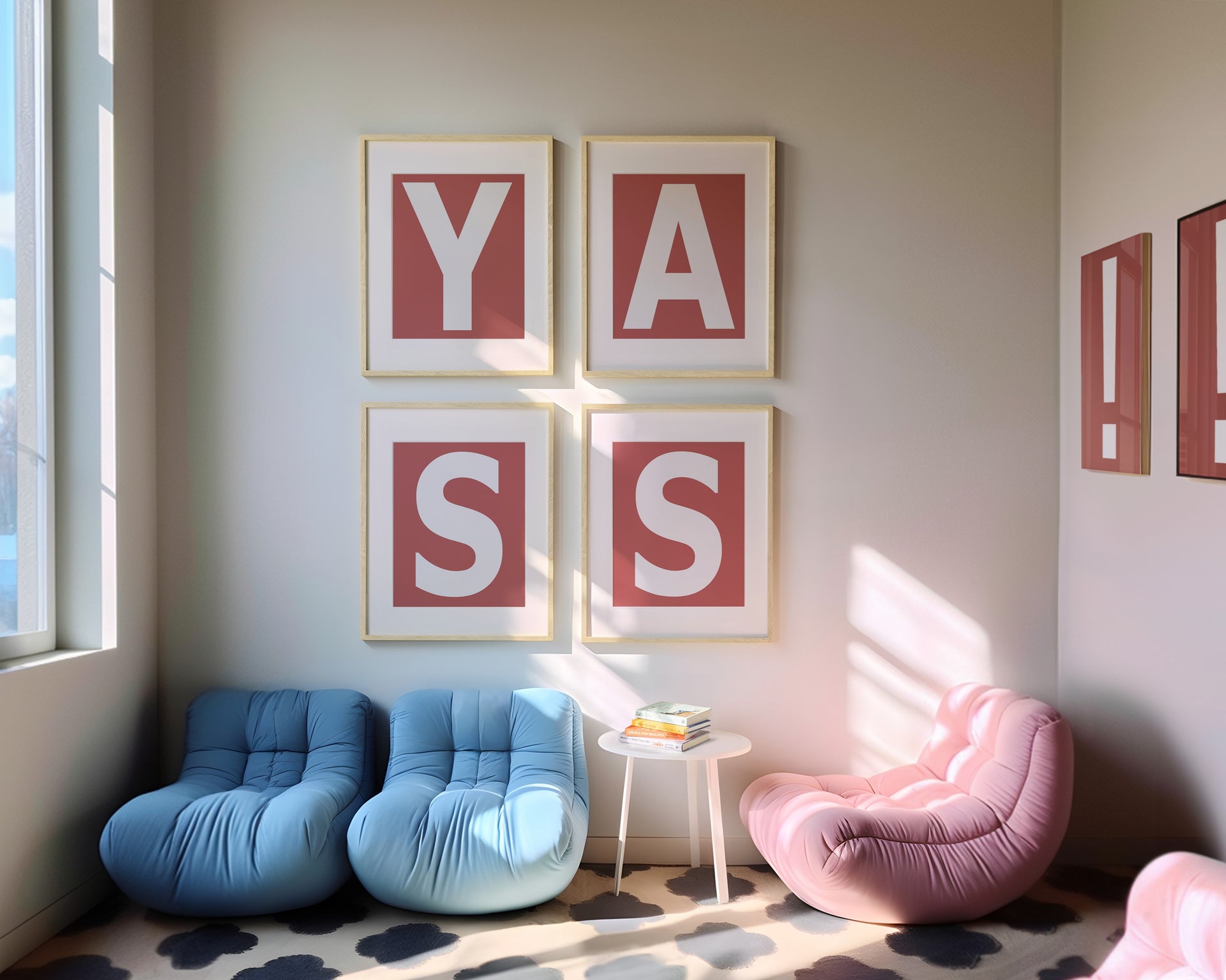 Framed letter art prints spelling out XO and XO in a modern reading nook with blue and pink chairs.