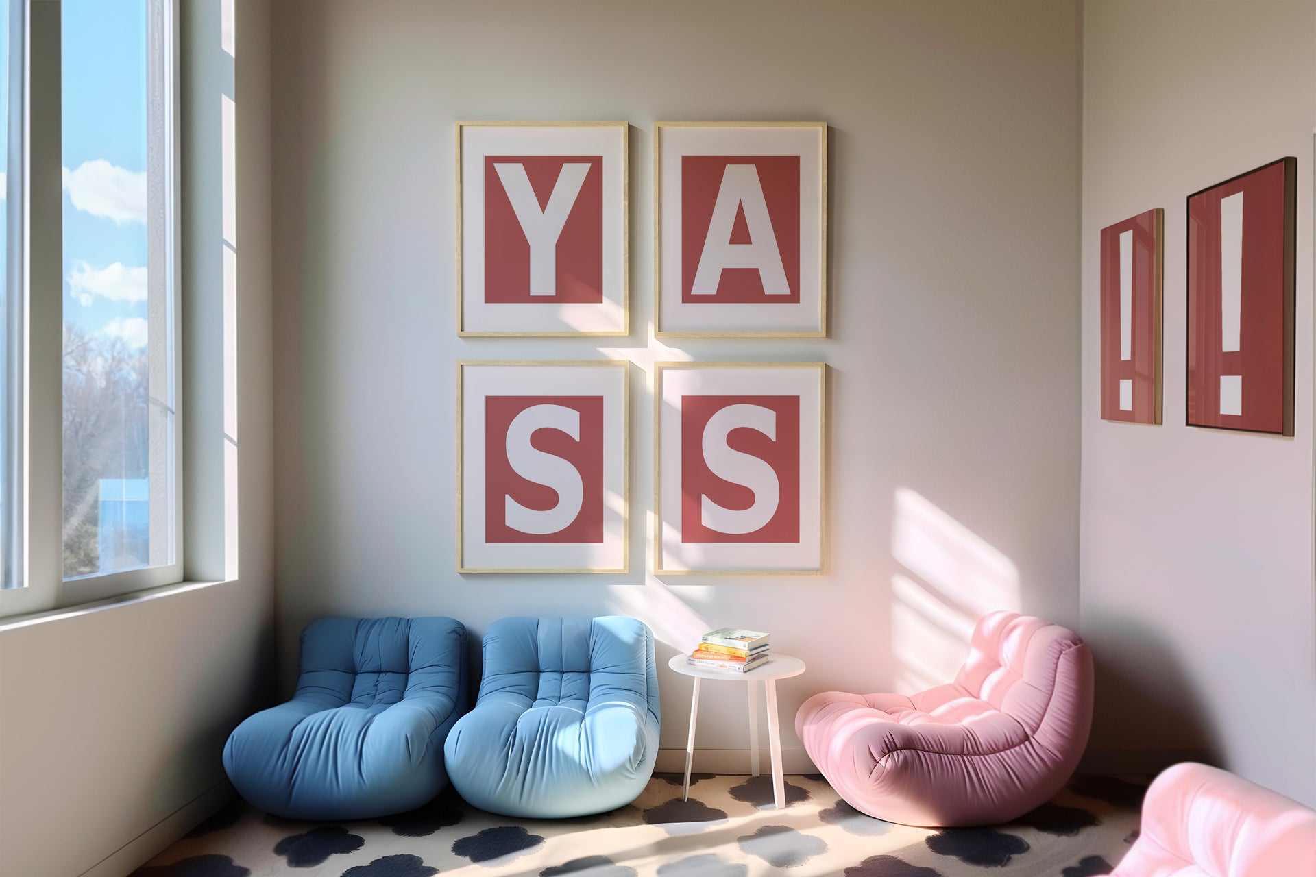 Framed letter art prints spelling out XO and XO in a modern reading nook with blue and pink chairs.