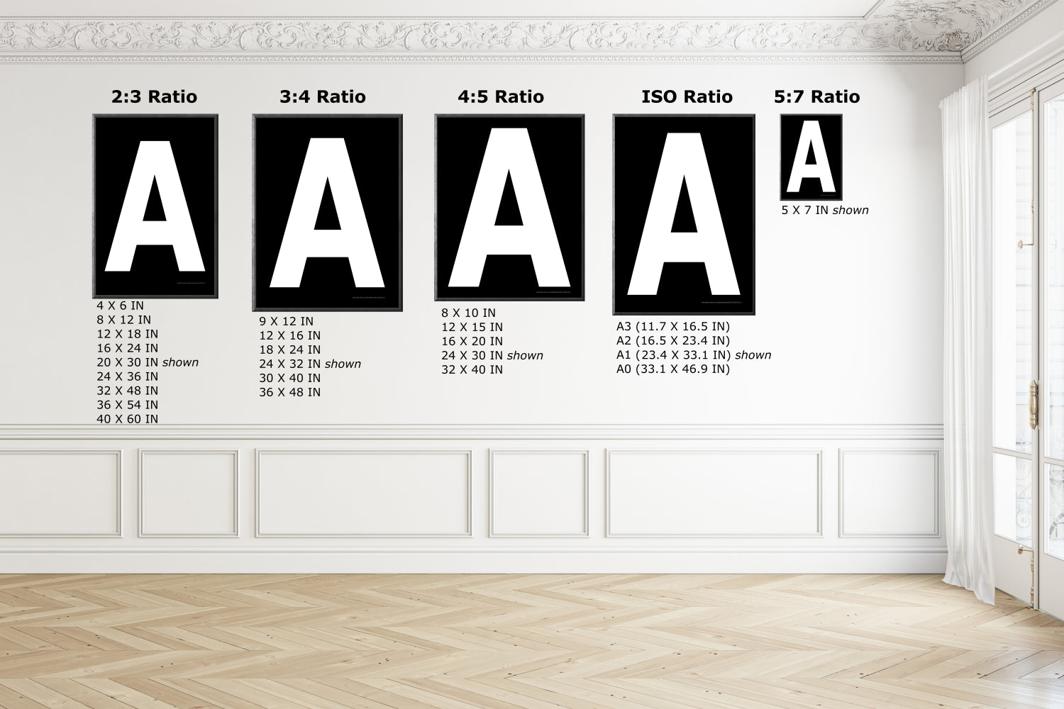 Print size guide that shows five different print ratios and associated sizes.
