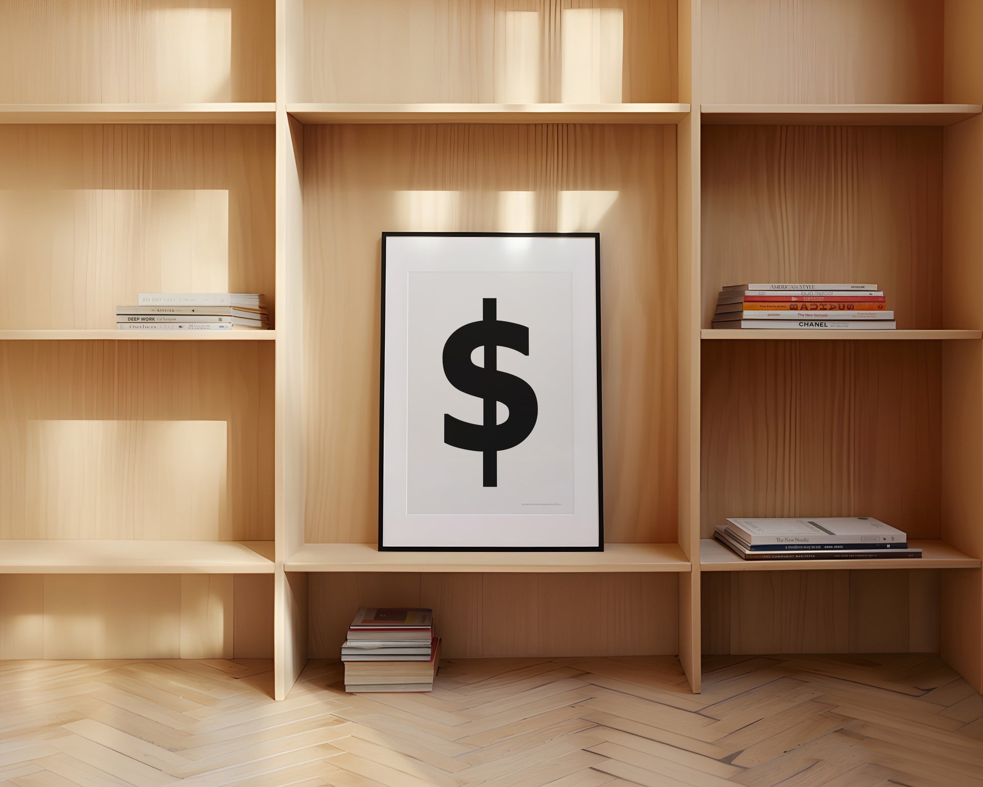 Framed black and white dollar sign art print leaning on a shelf.