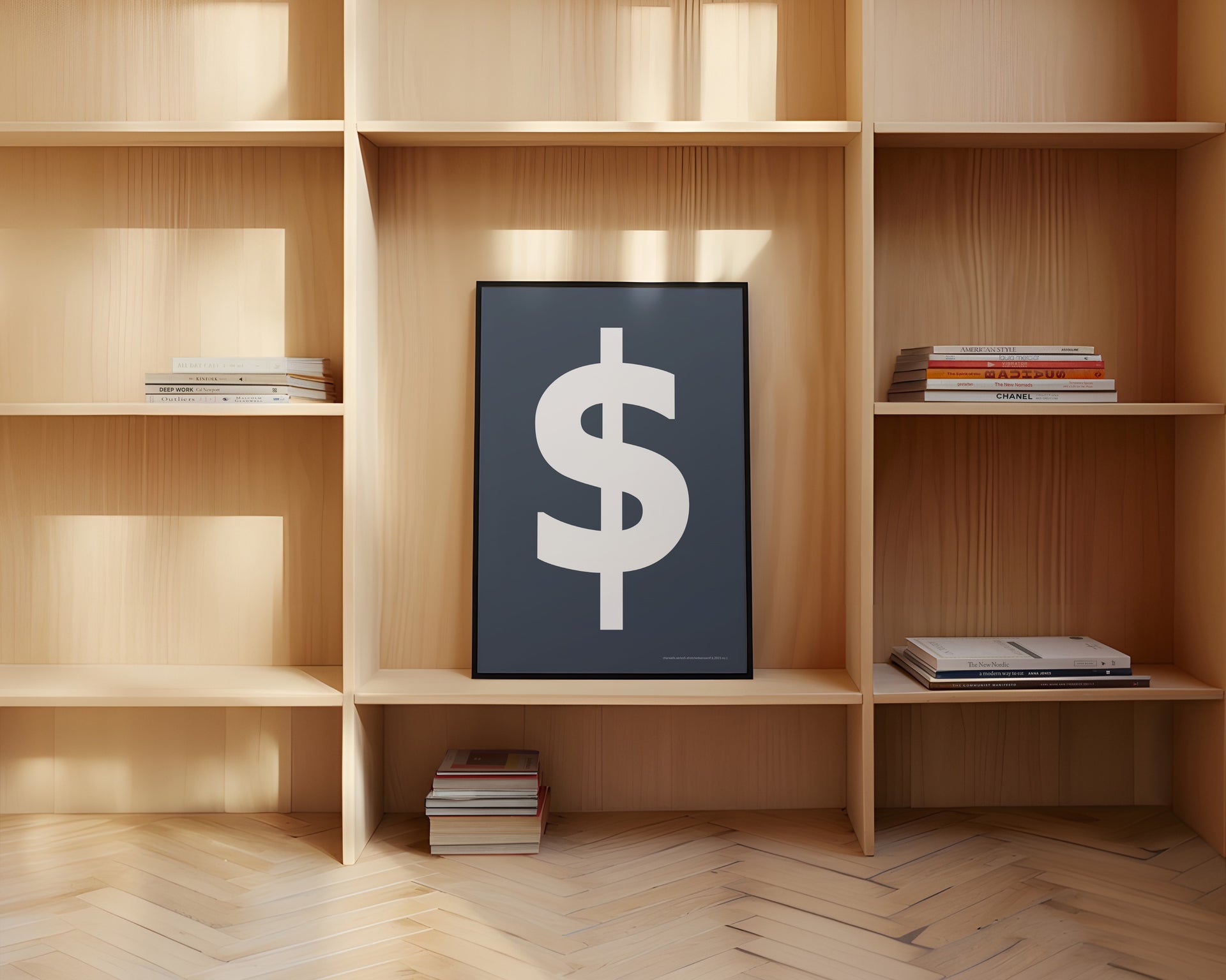 Framed navy blue and white dollar sign art print leaning on a shelf.