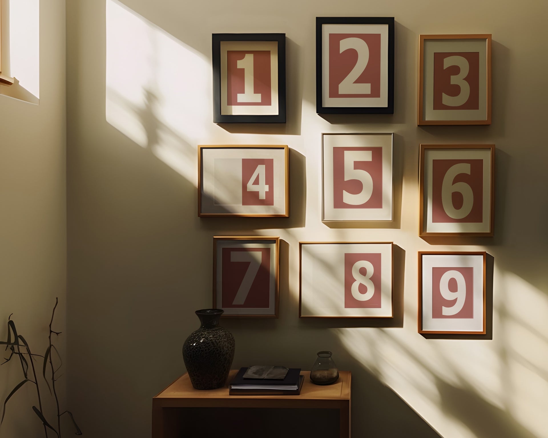 Nine small Nantucket red and white framed number art prints 1 through 9 in a hallwy or entryway.