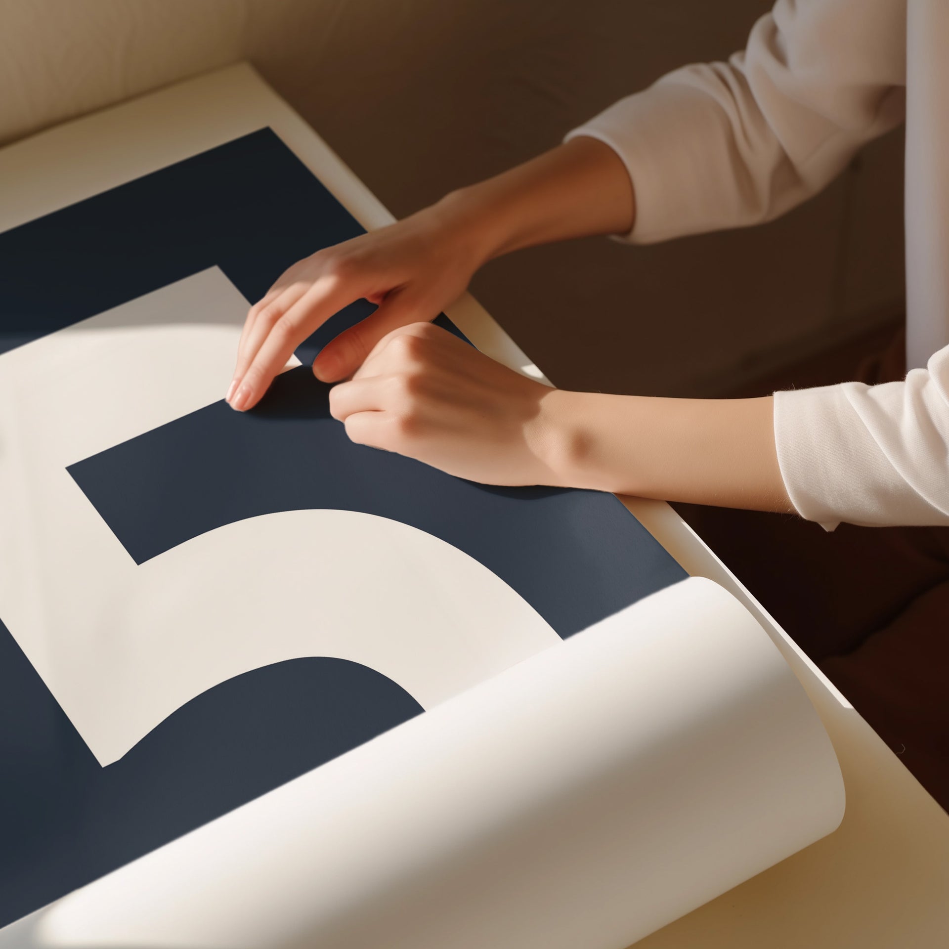 Navy blue and white number 5 art print being unrolled on a table.