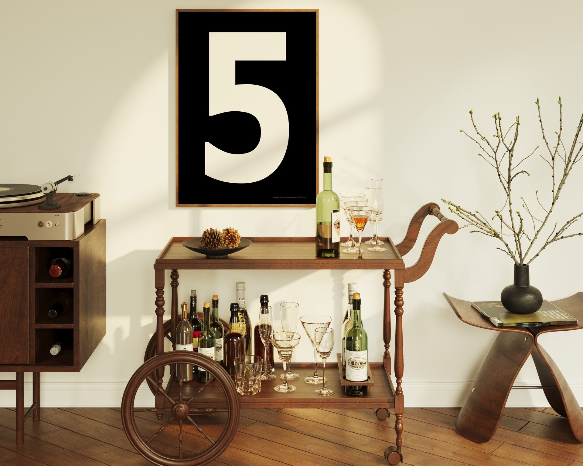 Framed number five art print hanging above a mid century bar cart.