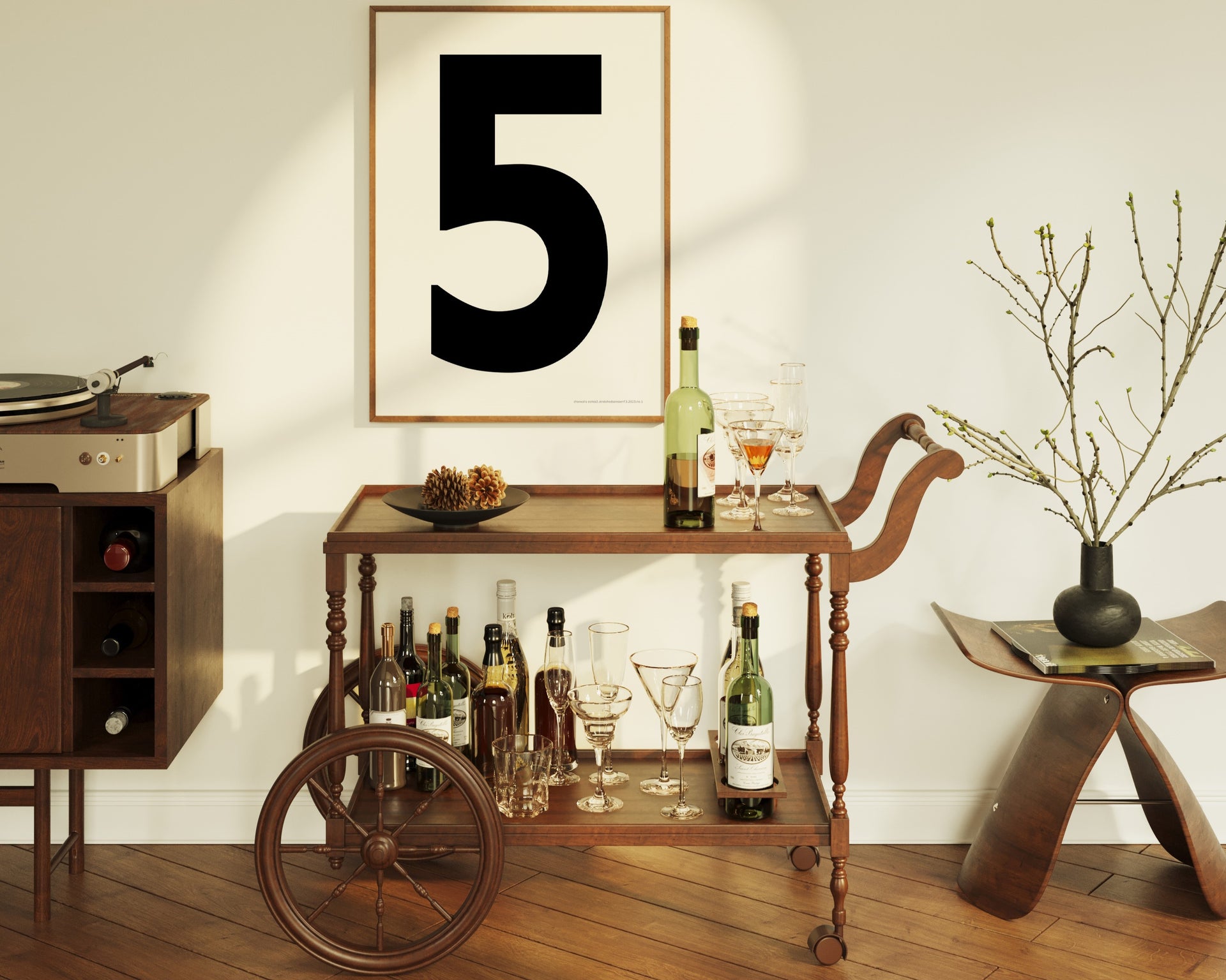 Framed number five art print hanging above a mid century bar cart.