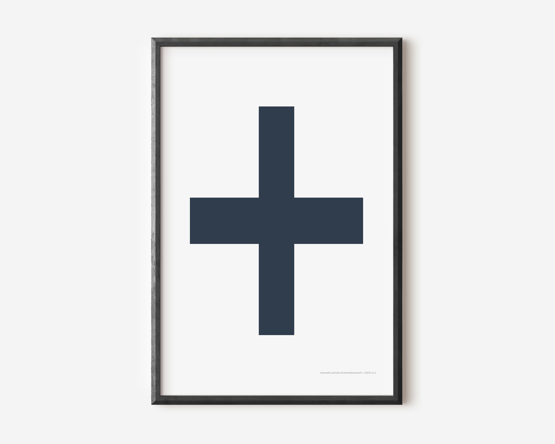 Modern symbol art print with a navy blue plus sign on a white background.