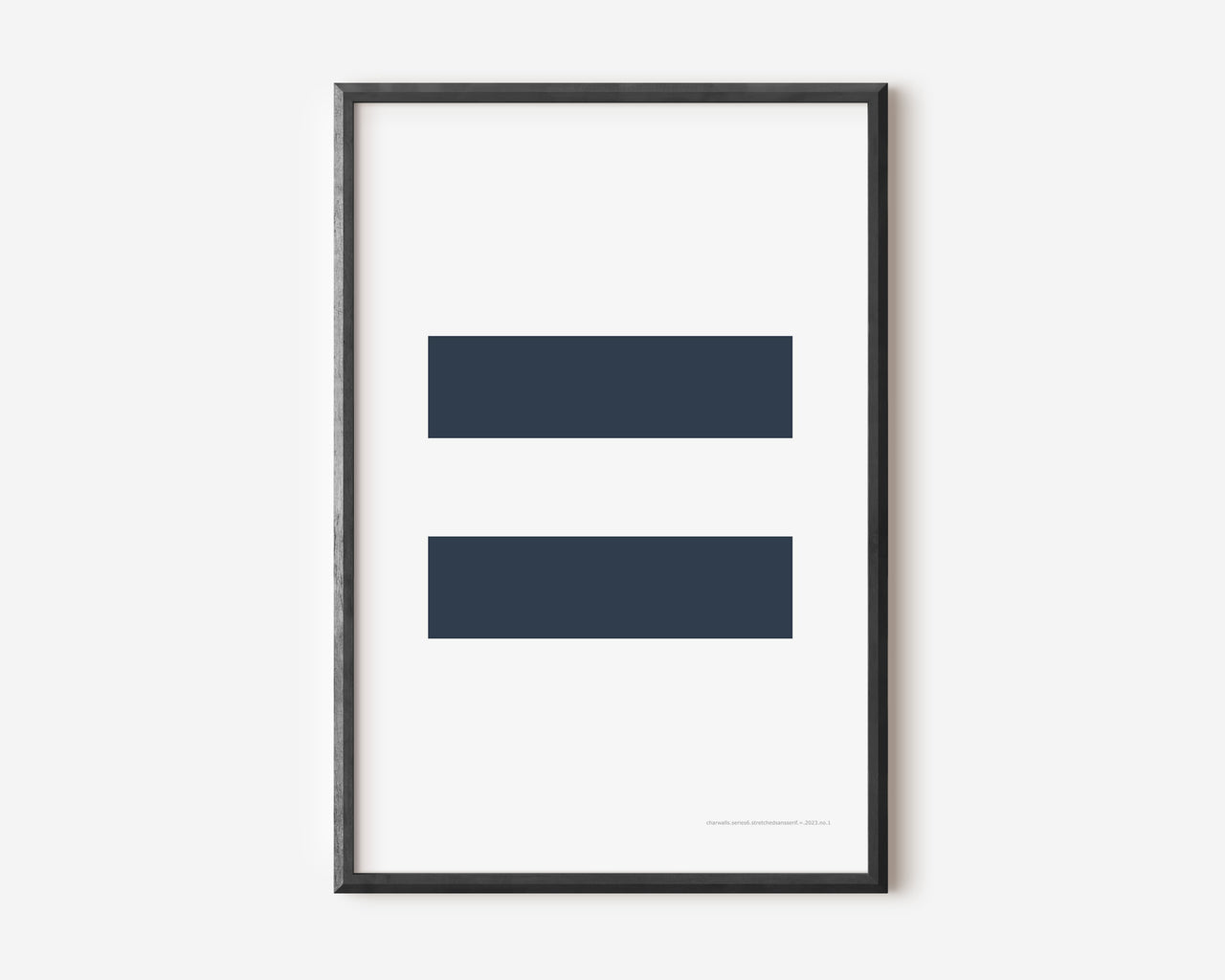 Modern symbol art print with a navy blue equals sign on a white background.