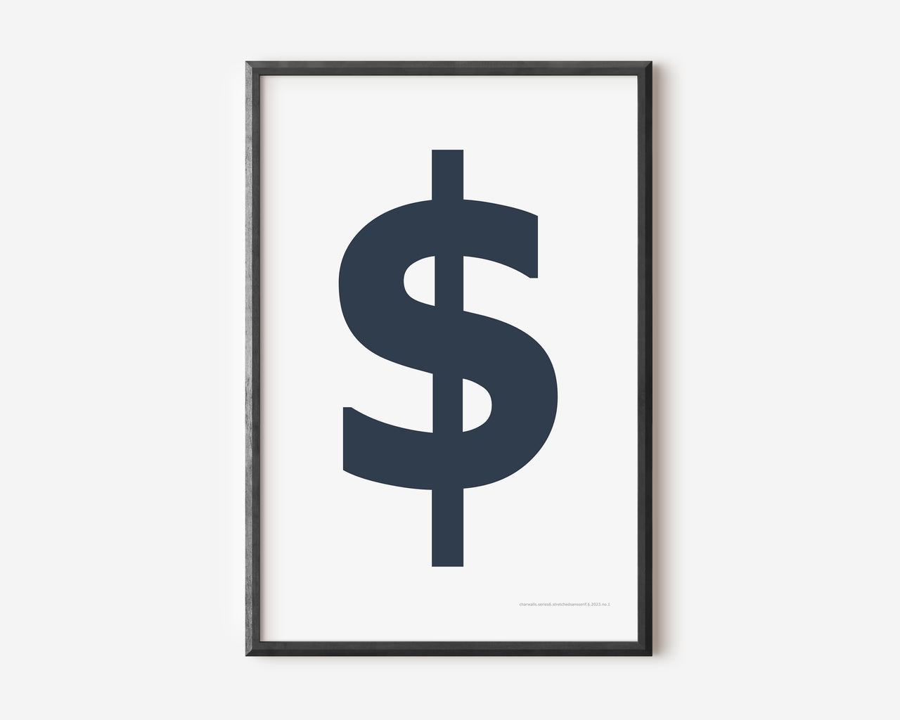 Modern symbol art print with a navy blue dollar sign on a white background.