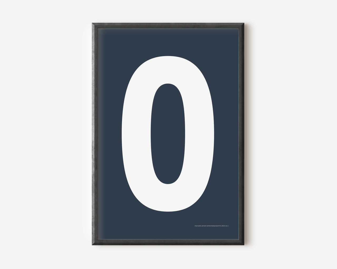 Modern number 0 art print with a white zero on a navy blue background.