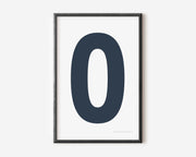 Modern number 0 art print with a navy blue zero on a white background.