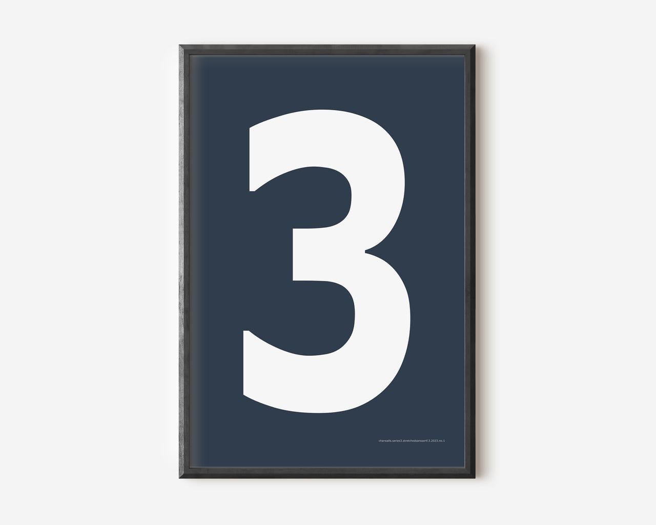 Modern number 3 art print with a white three on a navy blue background.