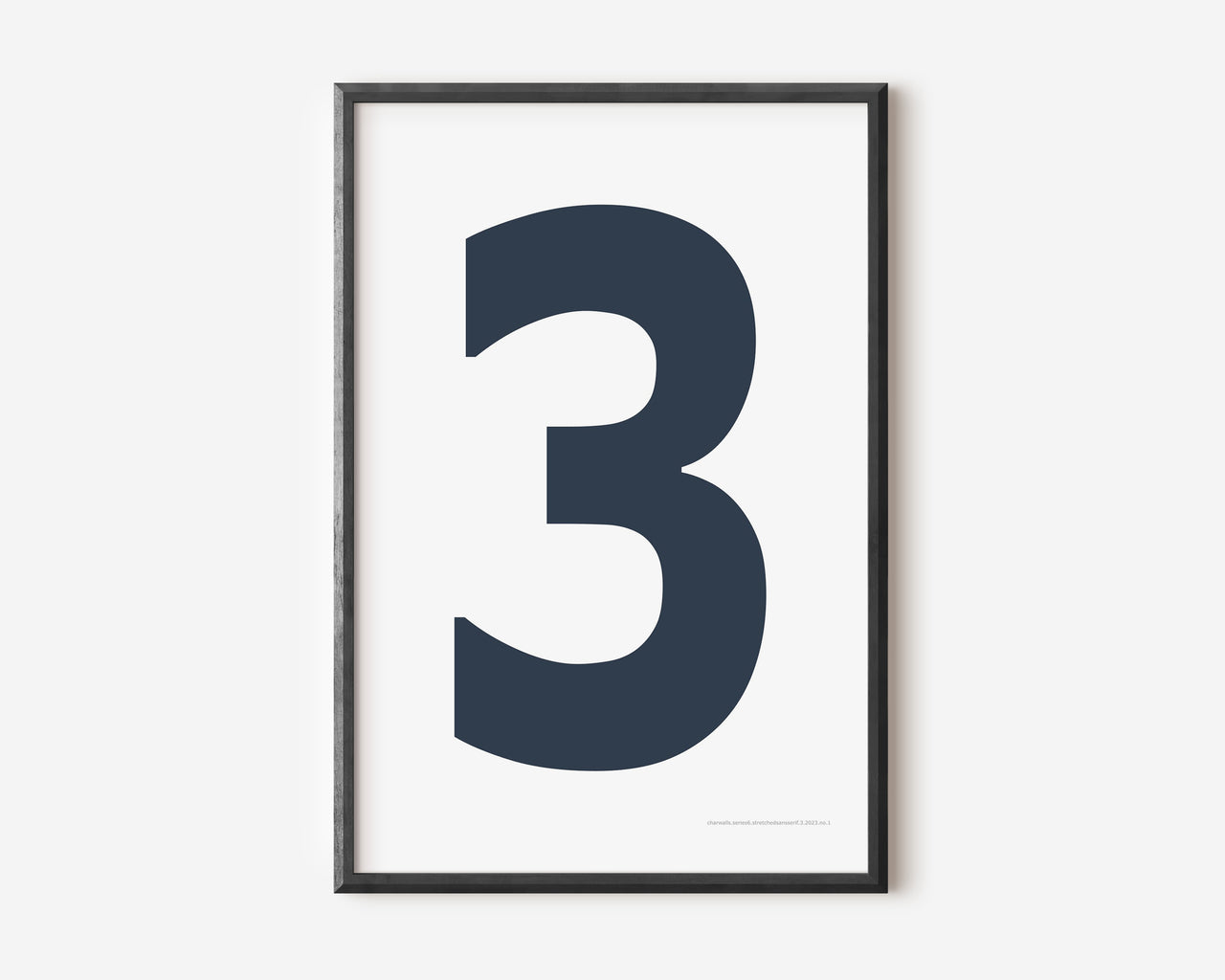 Modern number 3 art print with a navy blue three on a white background.