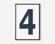 Modern number 4 art print with a navy blue four on a white background.