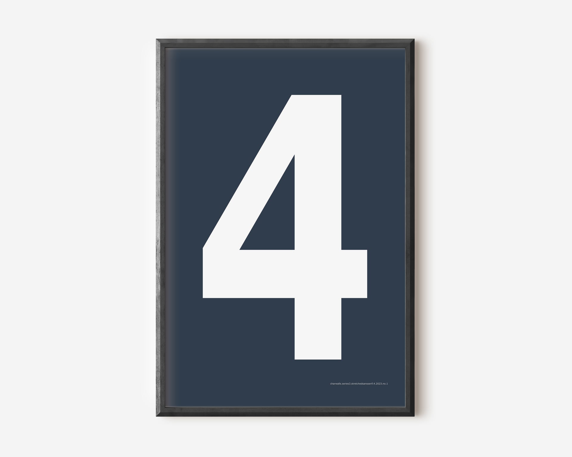 Modern number 4 art print with a white four on a navy blue background.