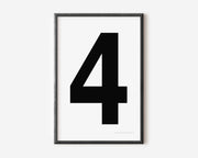 Modern number 4 art print with a black four on a white background.