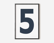 Modern number 5 art print with a navy blue five on a white background.