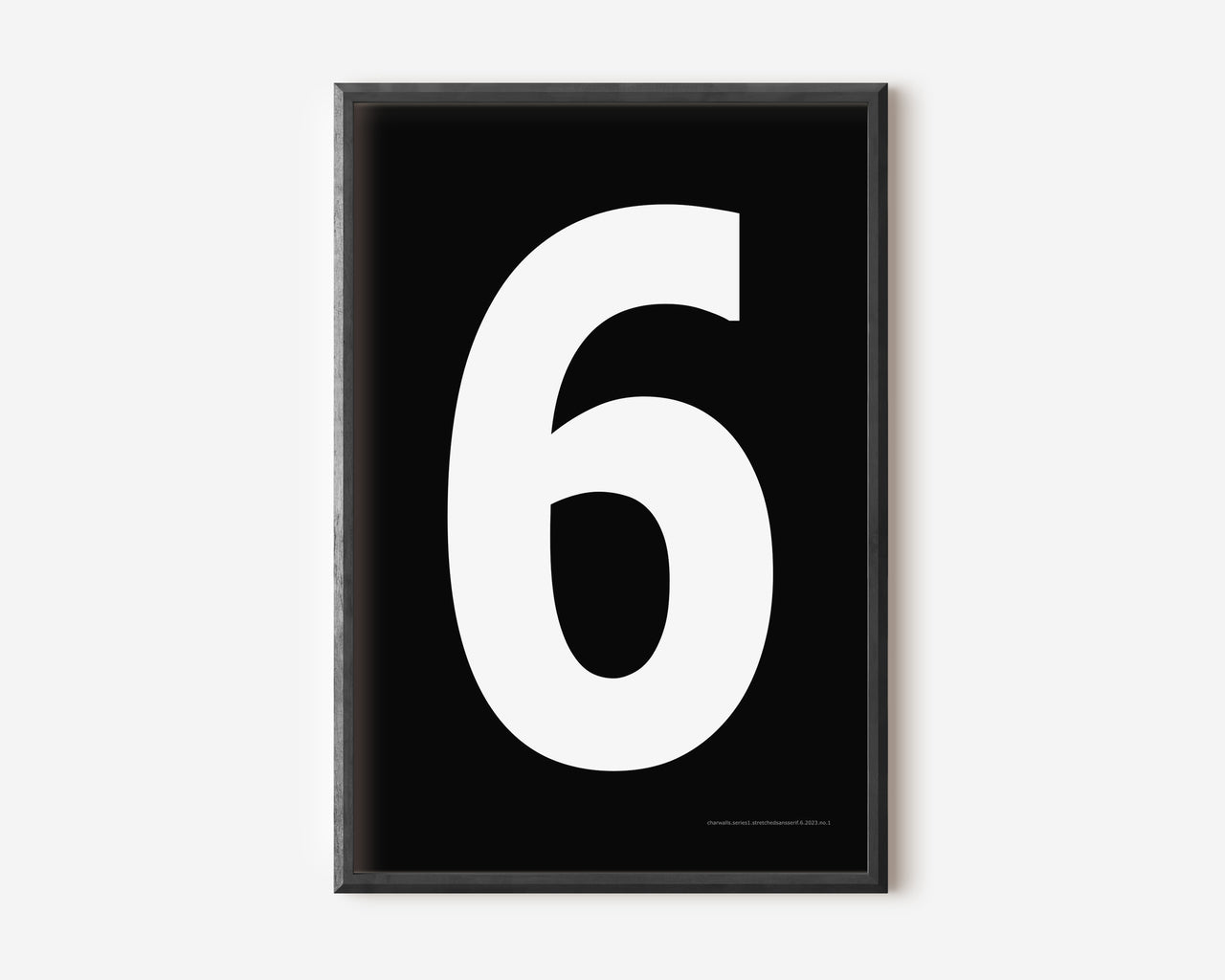 Modern number 6 art print with a white six on a black background.