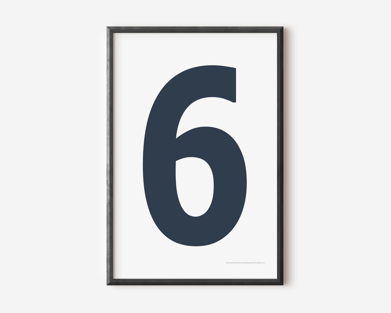 Modern number 6 art print with a navy blue six on a white background.