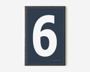 Modern number 6 art print with a white six on a navy blue background.