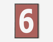 Modern number 6 art print with a white six on a Nantucket red background.