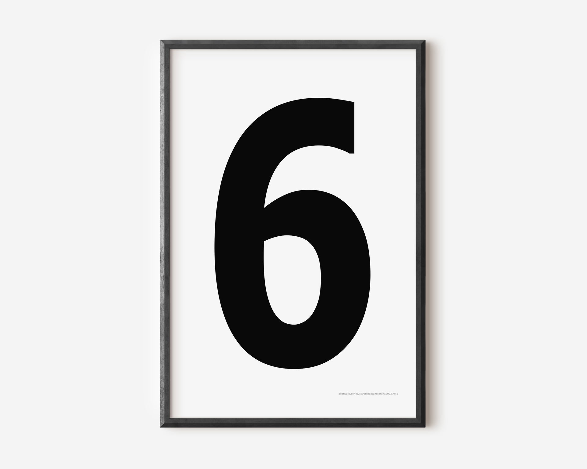 Modern number 6 art print with a black six on a white background.
