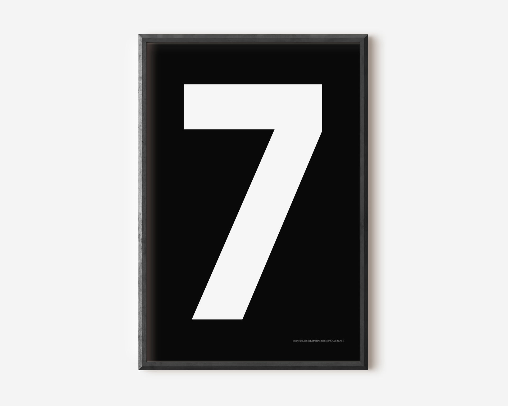 Modern number 7 art print with a white seven on a black background.