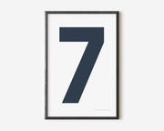 Modern number 7 art print with a navy blue seven on a white background.