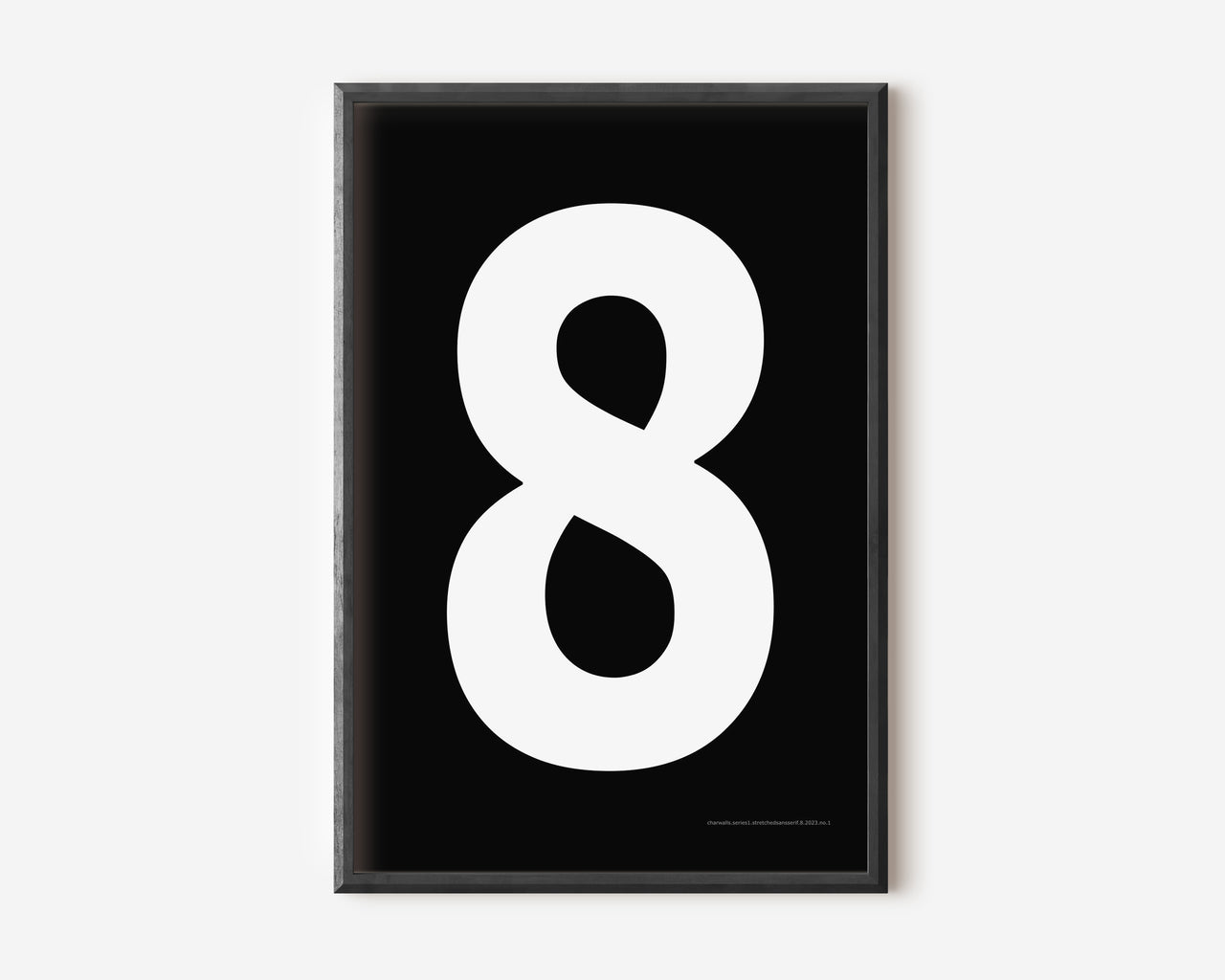 Modern number 8 art print with a white eight on a black background.