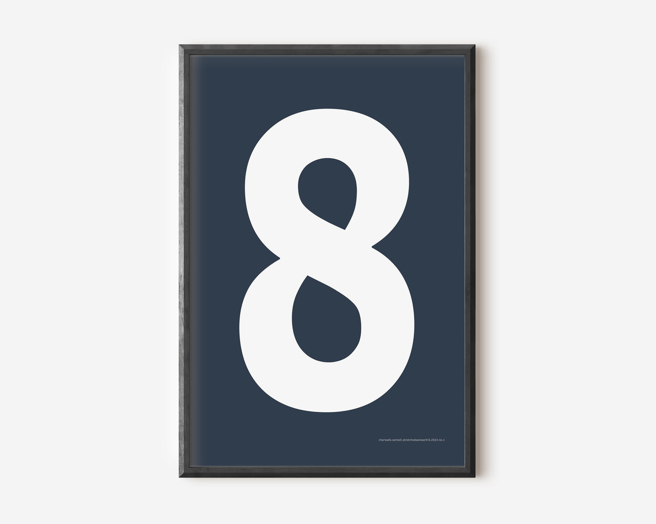 Modern number 8 art print with a white eight on a navy blue background.