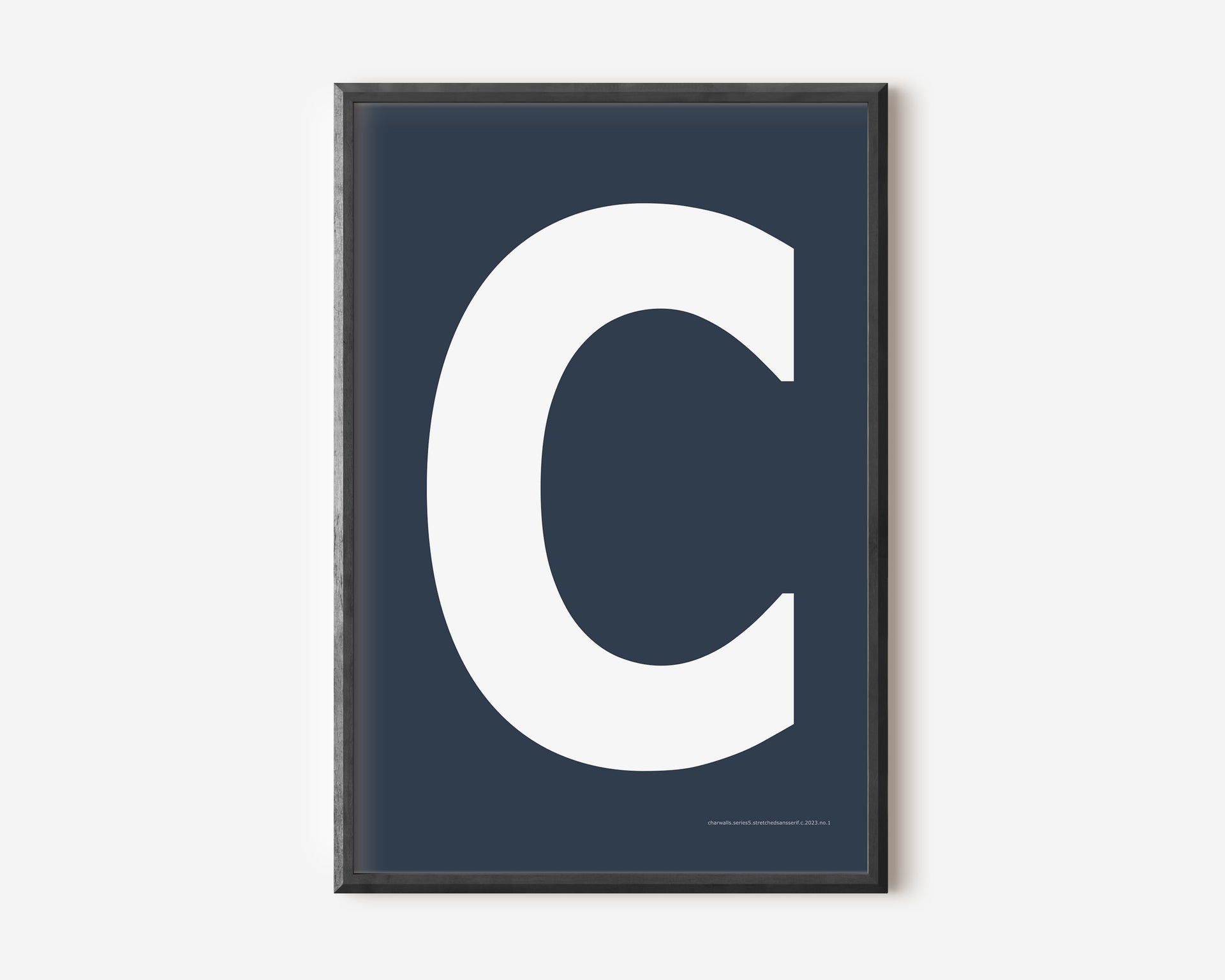 Modern art print with an uppercase white letter C on a navy blue background.