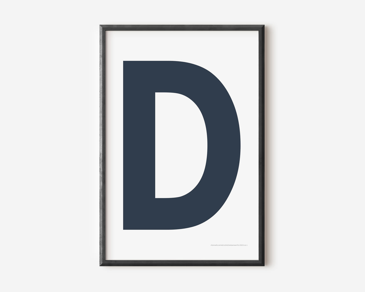 Modern art print with an uppercase navy blue letter D on a white background.