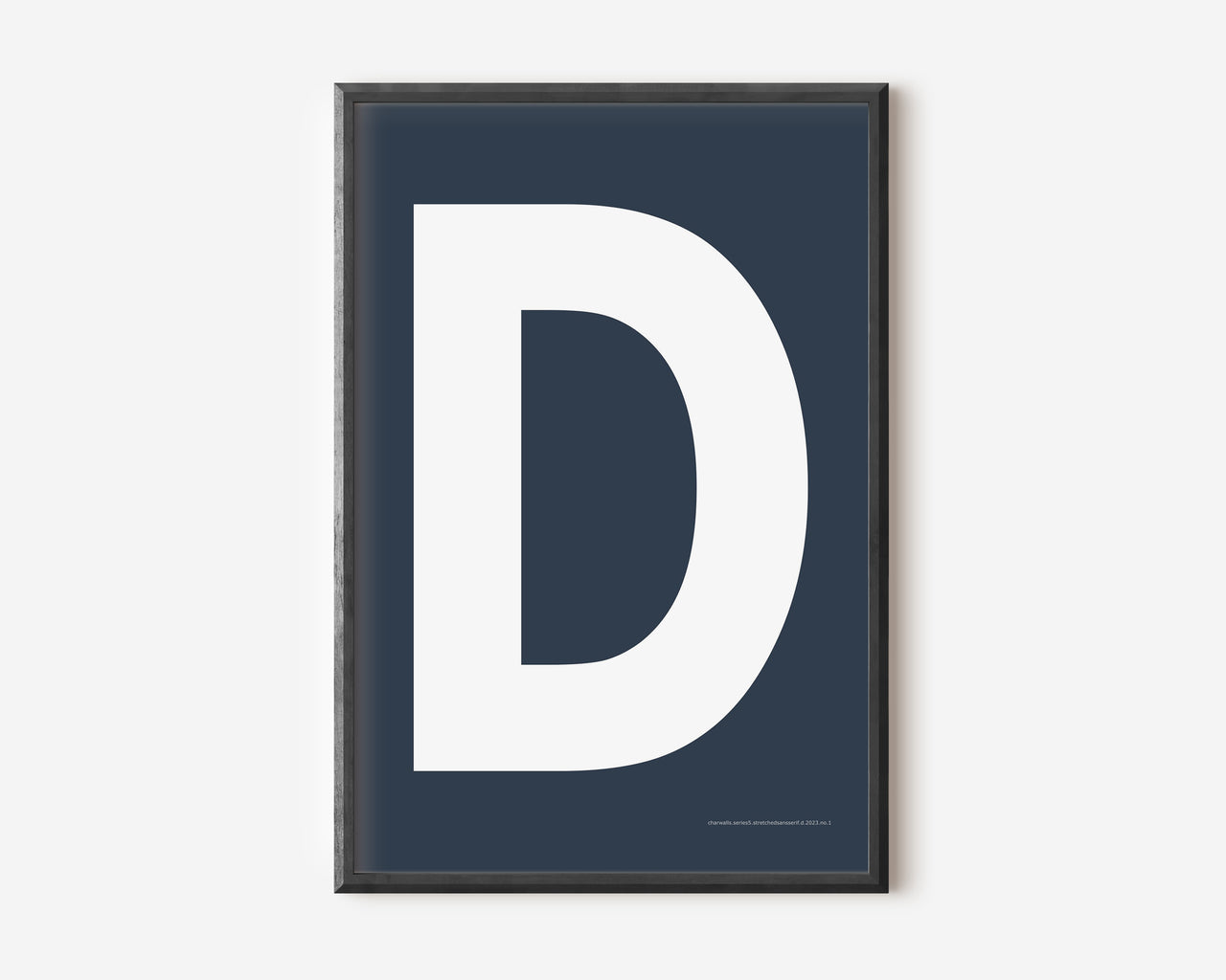 Modern art print with an uppercase white letter D on a navy blue background.