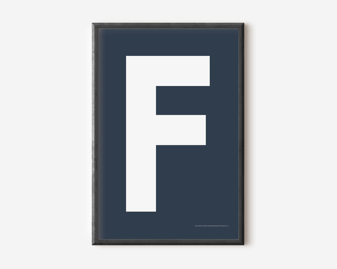 Modern art print with an uppercase white letter F on a navy blue background.