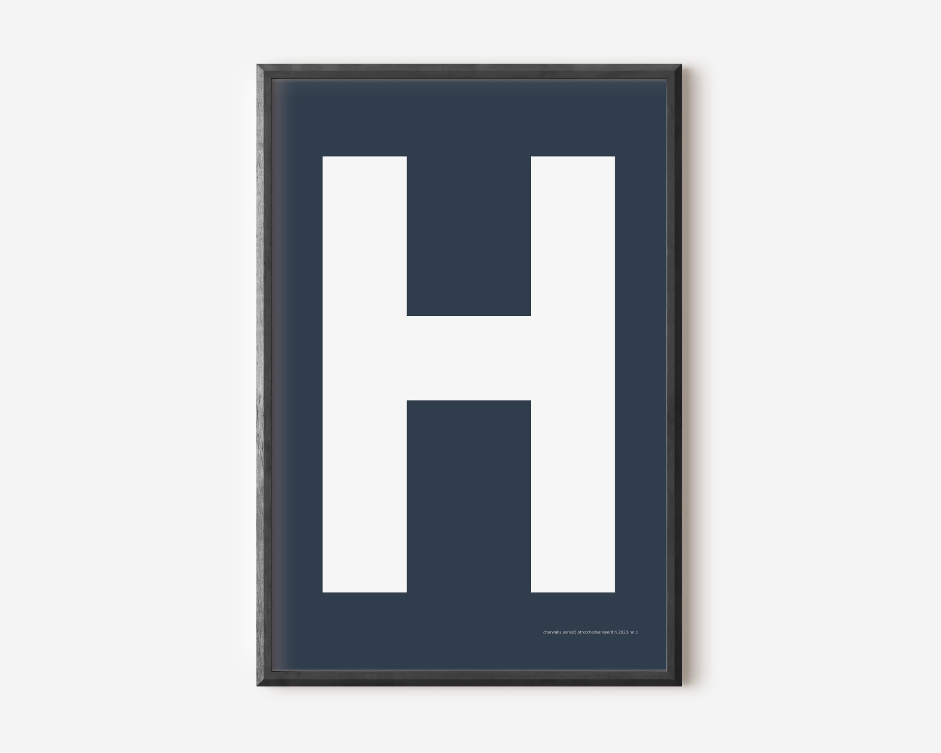 Modern art print with an uppercase white letter H on a navy blue background.