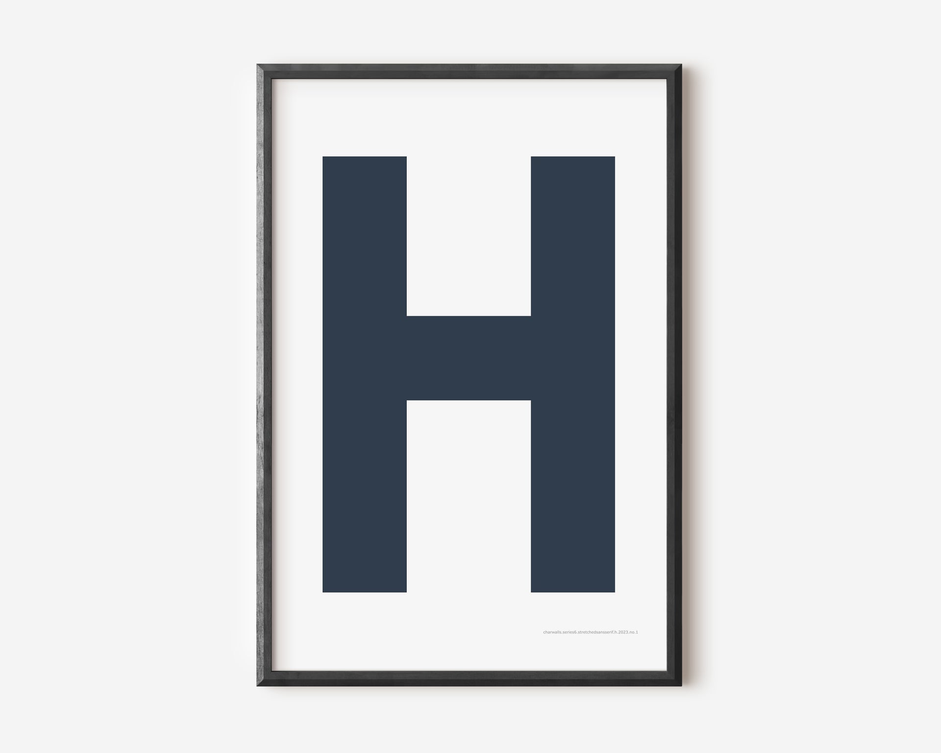 Modern art print with an uppercase navy blue letter H on a white background.