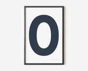 Modern art print with an uppercase navy blue letter O on a white background.