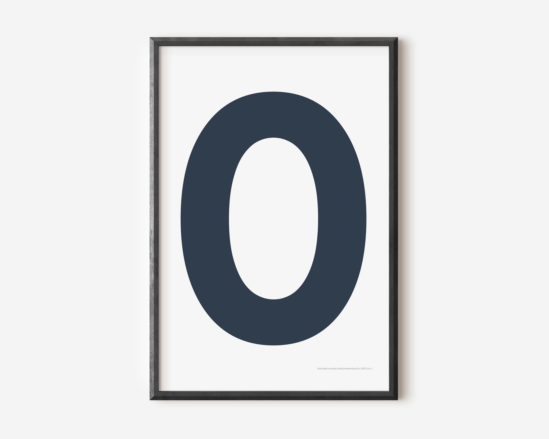 Modern art print with an uppercase navy blue letter O on a white background.